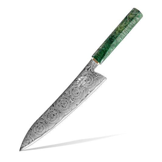 Deuce Custom Japanese Chef Knife with Exotic Maple Burl Wood Handle