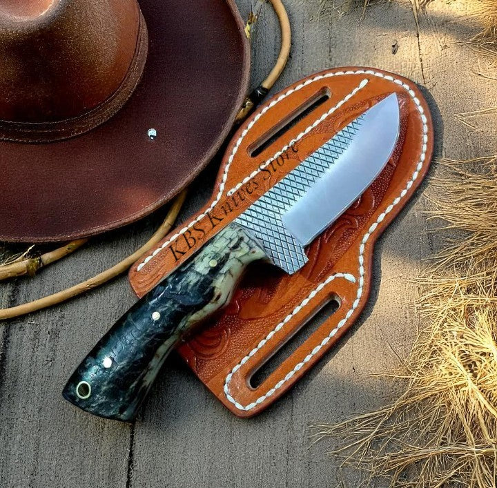 Custom Handmade Cowboy Fixed Blade Knife – Rasp Steel, Mountain Sheep Horn Handle, Leather Sheath