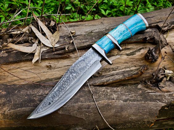 14-Inch Raindrops Damascus Steel Hunting Bowie Knife | Custom Handcrafted with Colored Bone Handle & Leather Sheath | KBS Knives