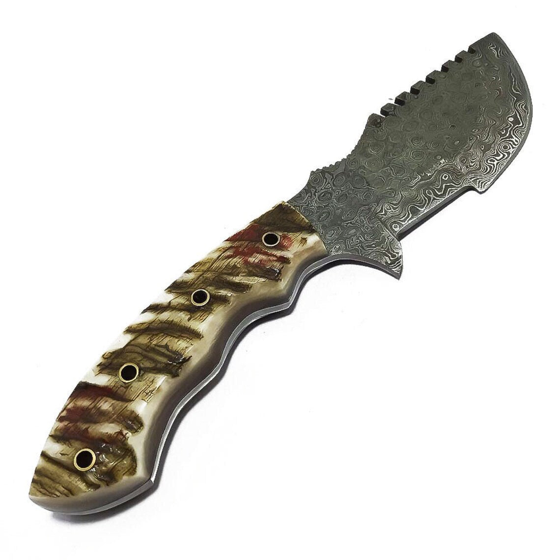 Best Tracker Knife – Handmade Raindrop Damascus with Sheep Horn Handle
