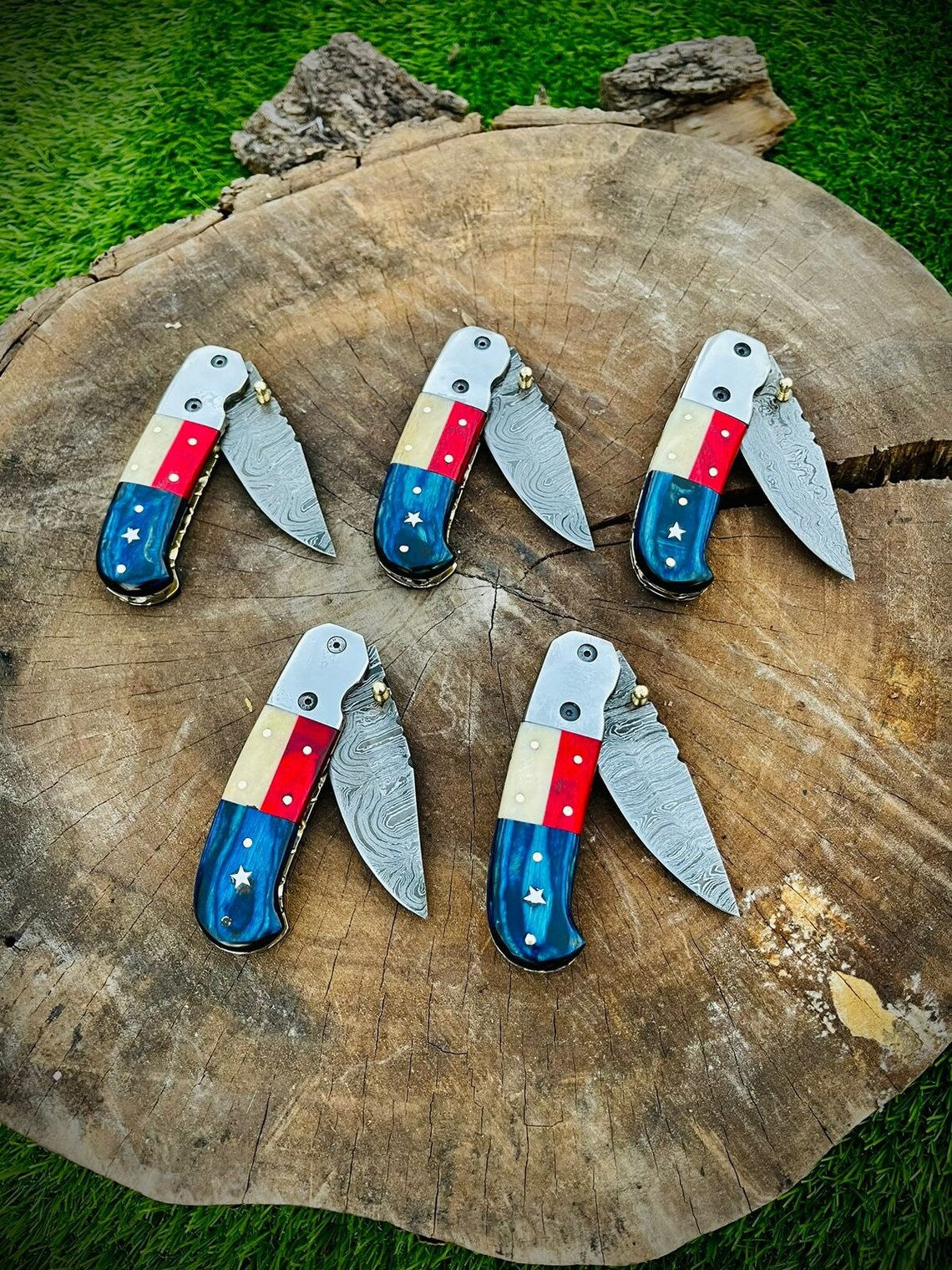 "Custom Handmade Texas Flag Damascus Steel Folding Pocket Knife | Exotic Wood-Bone Texas Flag Handle | 3.1 Inch Blade | Leather Sheath | KBS Knives Store"