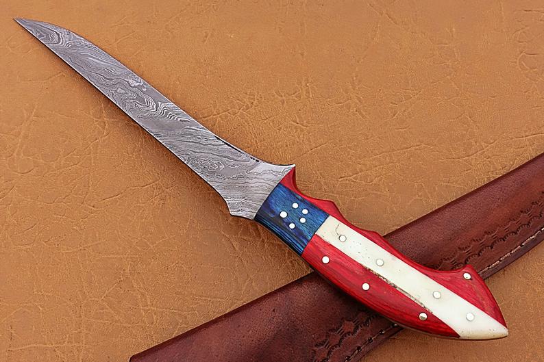 Handmade Damascus Steel Fillet-Boning Knife with Texas Flag Red-Blue Exotic Wood and Bone Handle - 13 Inch Overall Length