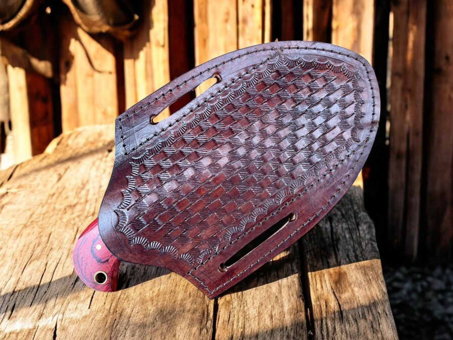 Premium Damascus Steel Bull Cutter Knife - 7" Exotic Redwood Handle with Western Sheath