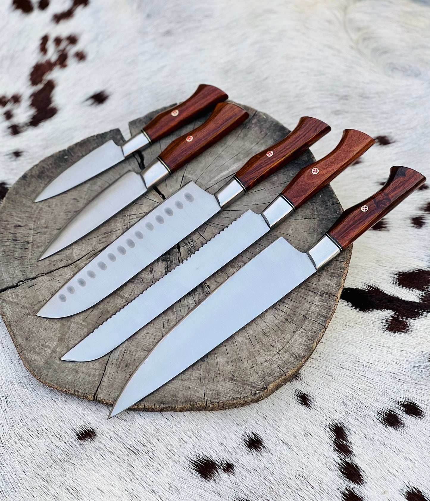 5 Piece Custom Handmade Stainless Steel Kitchen Knives Set with Leather Roll and Rosewood Handles" by KBS Knives Store