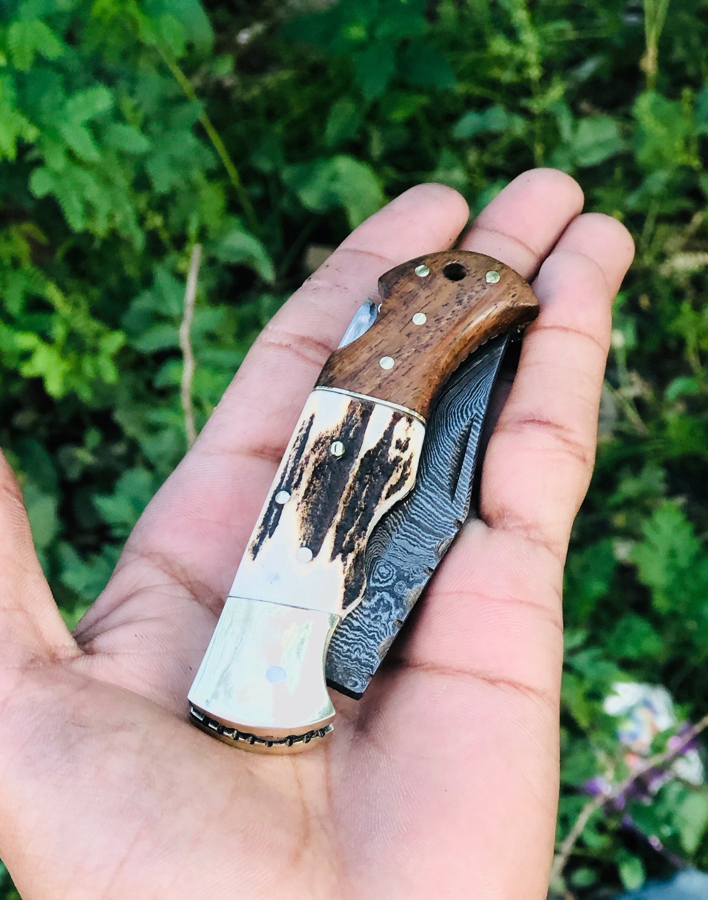Custom Handmade Damascus Steel Folding Pocket Knife with Rosewood, Antler Horn, and Brass Bolster Handle and Leather Case