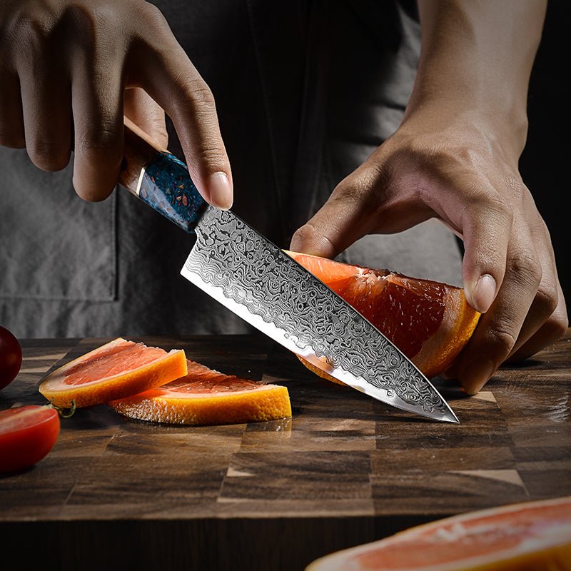 Solace VG10 Damascus Petty Knife with Exotic Olive Wood Handle