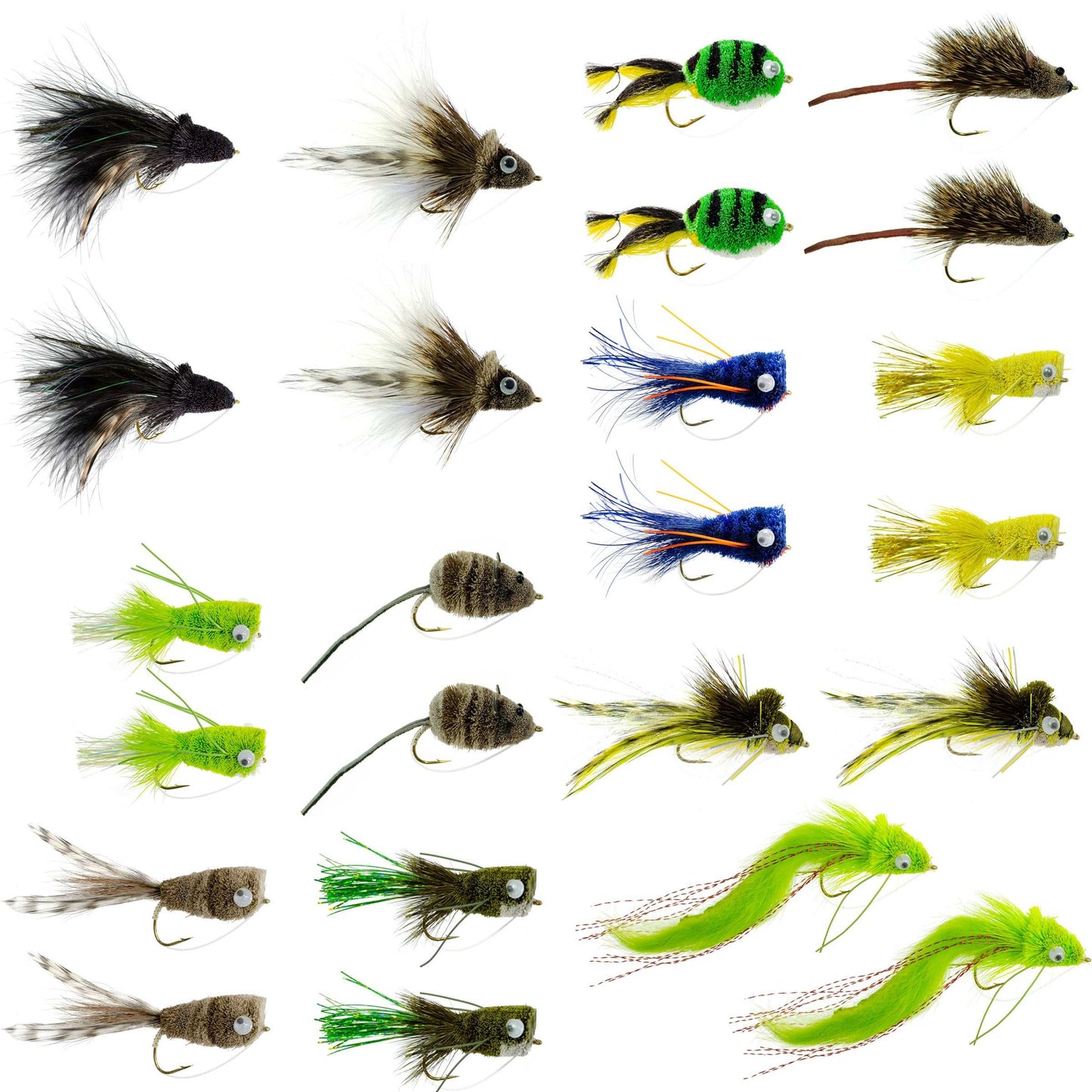 Bass Bug Collection - 24 Bass Fly Fishing Flies - Surface Poppers Frog, Rat, Mouse And Divers - Hook Sizes 2,4, 6, 8