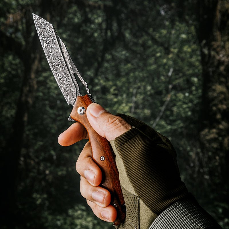 Vengeance Damascus Pocket Knife with Exotic Red Sandalwood Handle