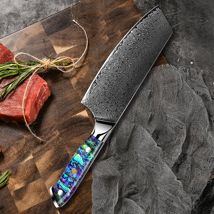 Ronin VG10 Damascus Cleaver Knife with Exotic Abalone Shell Composite Handle