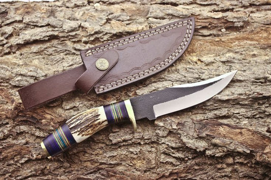Custom Handmade 1095 Forged Steel Hunting Knife with Antler Horn & Exotic Wood Handle – 11" | KBS Knives