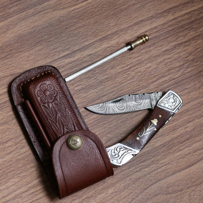 Custom Handmade Damascus Pocket Knife – 3" Blade with Leather Case