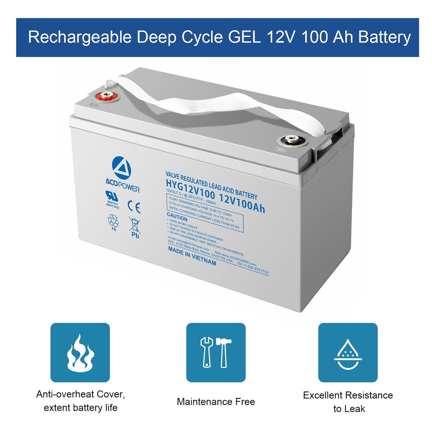 Acopower 12-100Ah Rechargeable Gel Deep Cycle 12V 100 Ah Battery with Button Style Terminals