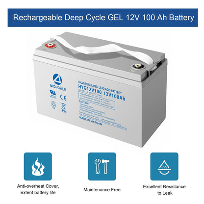 Acopower 12-100Ah Rechargeable Gel Deep Cycle 12V 100 Ah Battery with Button Style Terminals