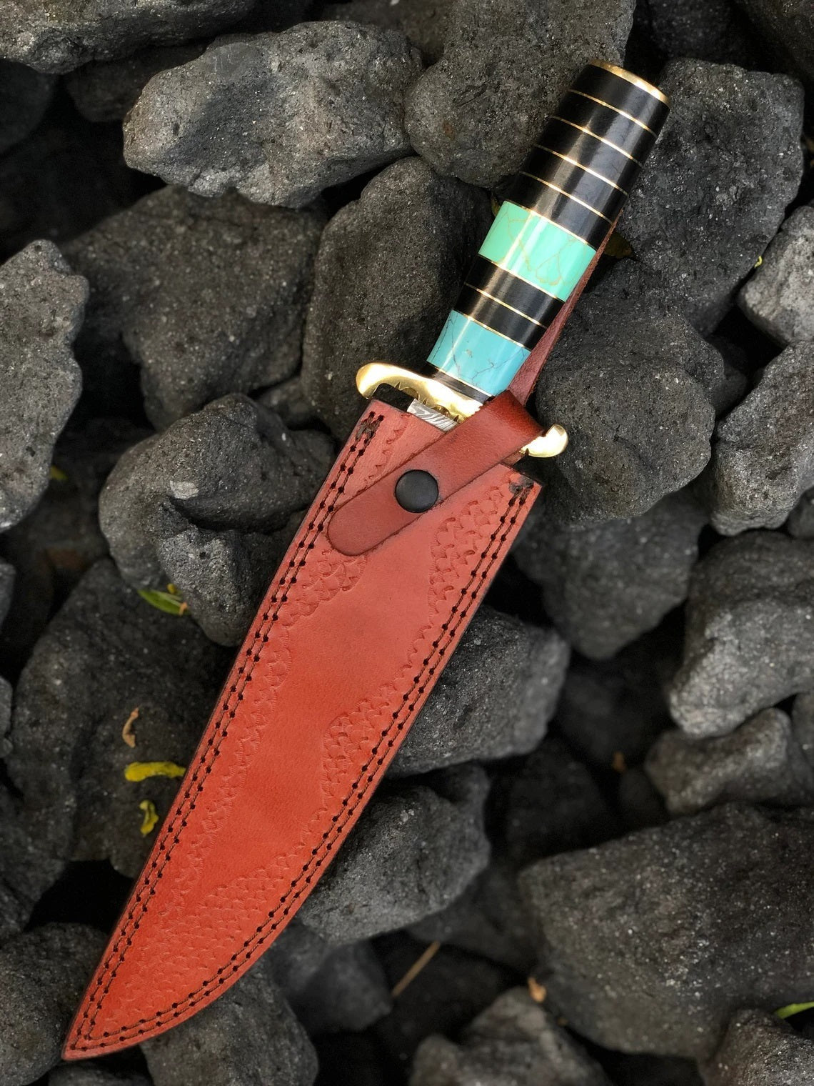 One-of-a-Kind Damascus Steel Bowie Knife - Custom Made, 15" Overall, 10" Blade, Turquoise Handle, Brass Spacers, and Guard