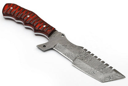 Custom Handcrafted Damascus Steel Tanto Tracker Knife - 11.5" Exotic Color Wood Handle with Horizontal Leather Sheath | Survival, Camping, Tactical | KBS Knives