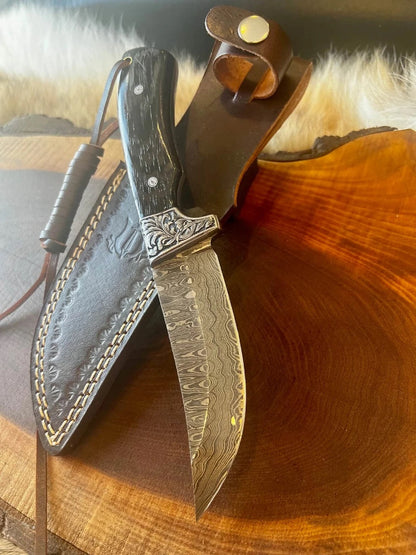 Custom Handmade Damascus Hunting Skinning Knife with Sheep Horn Handle and Engraved Steel Guard