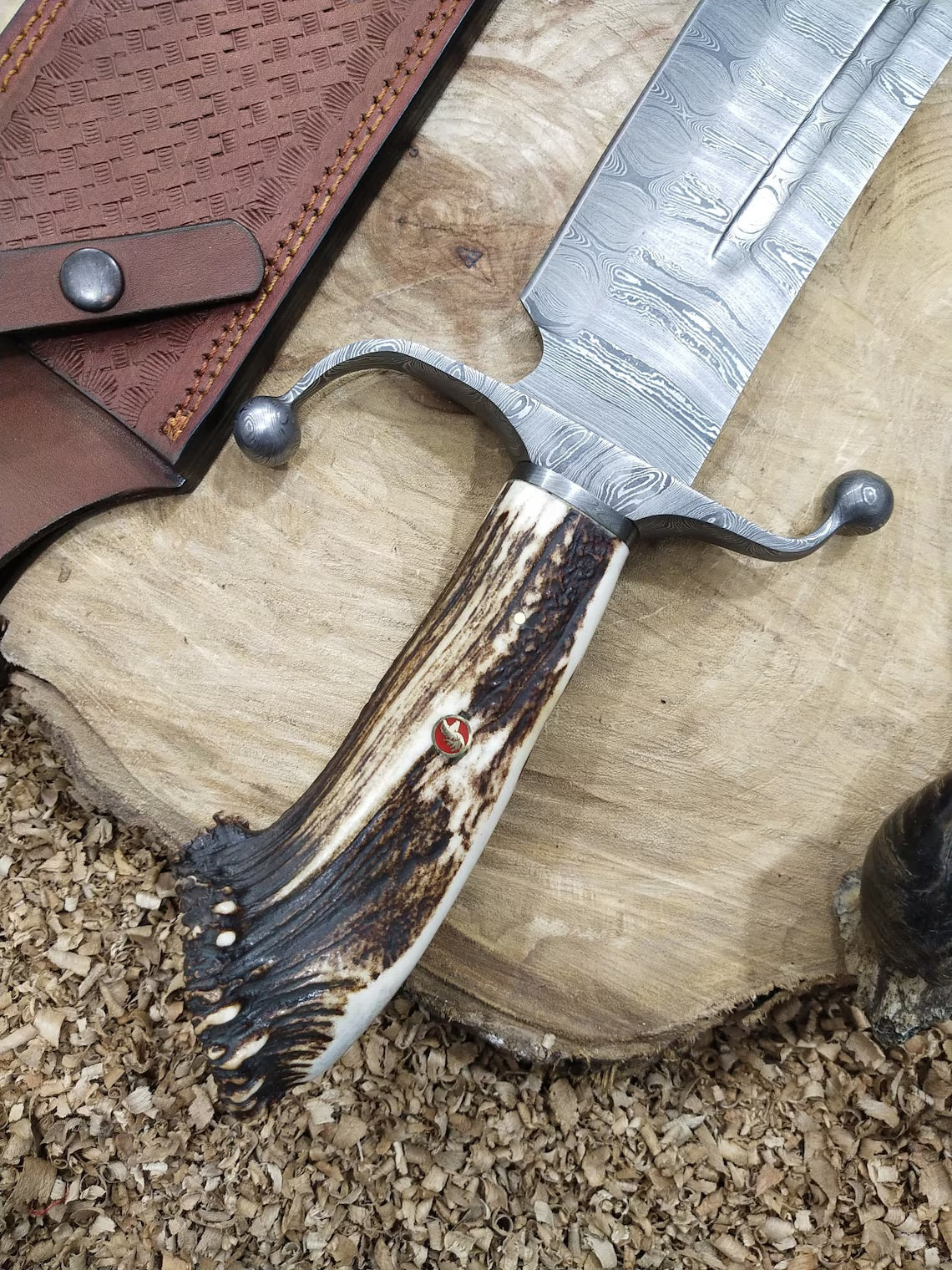 Custom Handmade Bowie Knife with Twisted Damascus Steel Blade and Antler Horn Handle - 15 Inches