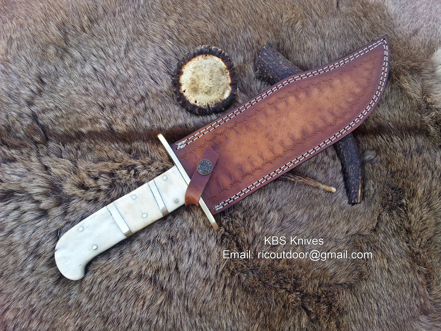 Vintage Western USA W49 Bowie Knife - Custom Handcrafted Full Tang Damascus Steel Blade, Bone Handle with Brass Spacers, 15" Overall Length - Leather Sheath | KBS Knives