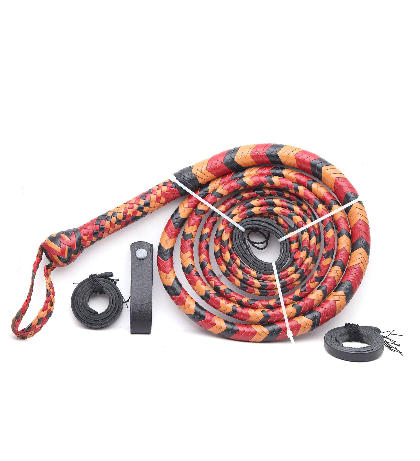 Handmade Red, Black & Orange Leather Bullwhip (4ft–16ft)