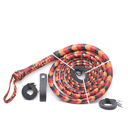Handmade Red, Black & Orange Leather Bullwhip (4ft–16ft)