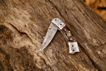 Custom Handmade Damascus Steel EDC Folding Pocket Knife – 3-Inch Blade, Sheep Horn Handle, Leather Case – Perfect Wedding Gift by KBS Knives