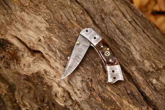 Custom Handmade Damascus Steel EDC Folding Pocket Knife – 3-Inch Blade, Sheep Horn Handle, Leather Case – Perfect Wedding Gift by KBS Knives