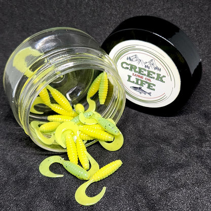 Jar of 1" Micro Curl Tail Grub "The Tennessee Twister"