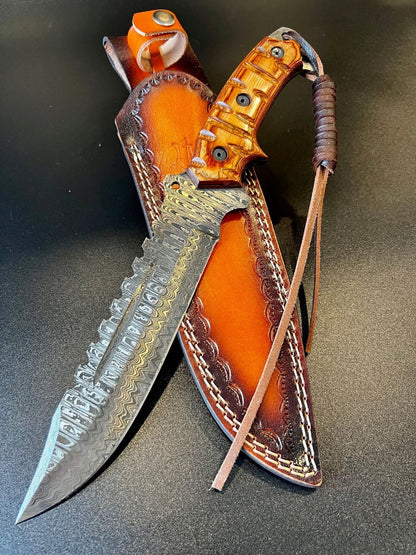Custom Handmade Damascus Steel Fighter Bowie Knife with Exotic Wood Handle and Leather Sheath