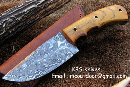 8.5-Inch Damascus Steel Drop Point Skinning Knife with Native Wood Handle