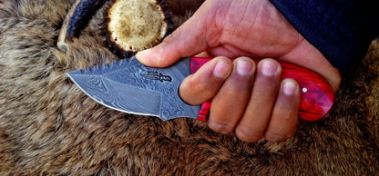Custom Damascus Steel Field Dressing Deer Skinning Knife with Pakka Wood Handle – 7.5 Inch Drop Point Blade with Finger Hole