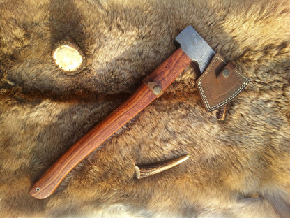 Handmade Custom Viking Axe with Damascus Steel Blade, Rosewood Handle, and Leather Sheath - KBS Knives Store