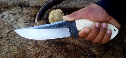 Custom Handmade 1095 Best Hunting Knife | Camel Bone Handle with Brass Lanyard Hole | 10.5 Inches | Leather Sheath | KBS Knives