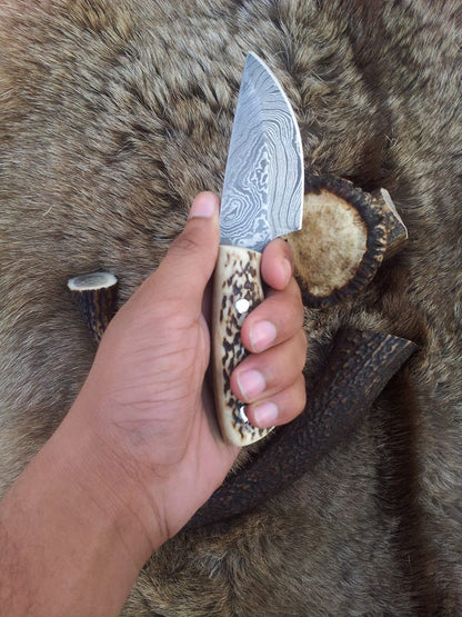 Custom Damascus Steel Field Dressing Deer Skinning Knife with Antler Horn Handle – 7 Inch Drop Point Blade