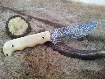 The Wilderness Edge: Custom Handmade Damascus Steel Outdoor Hunting Knife | Bone Handle | 10 Inches | KBS Knives