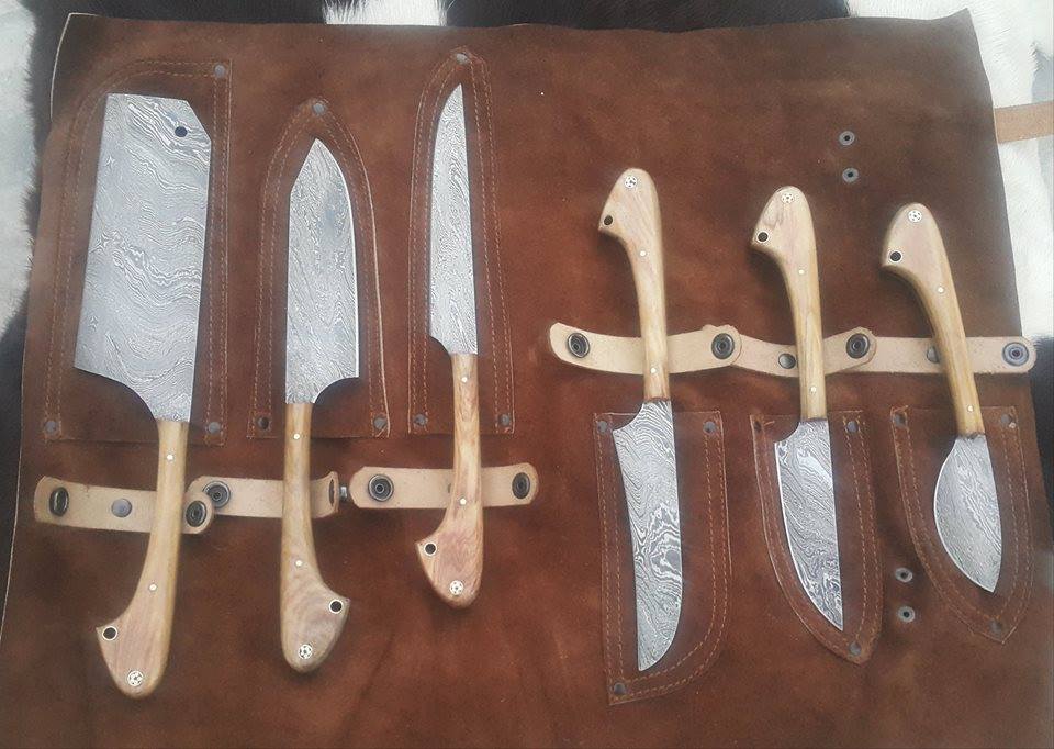 Wild Game Processors – 6-Piece Damascus Steel Knife Set with Buffalo Horn Handles