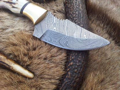 Custom Damascus Steel Field Dressing Deer Skinny Knife – 7.25 Inch Drop Point Blade with Antler Horn Handle and Brass Bolster