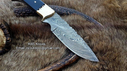Custom Handmade 9-Inch Damascus Fixed-Blade Hunting Knife with Buffalo Horn Handle | KBS Knives Store