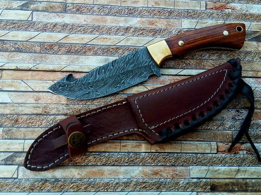 Custom Handmade Damascus Steel Gut Hook Hunting Camping Knife