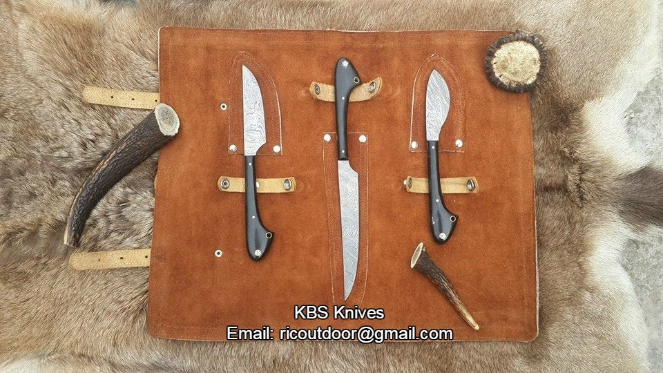 Outdoor Edge Knife Sets – 3-Piece Damascus Steel Hunting Kit with Buffalo Horn Handles
