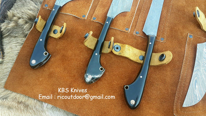 Custom Damascus Steel Hunting Knives Set – Buffalo Horn Handles