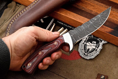 Custom Handmade Damascus Steel Red Micarta Skinning/Camping/Hunting Knife