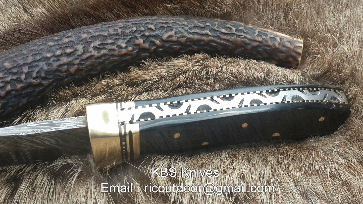 Custom Handmade 9-Inch Damascus Fixed-Blade Hunting Knife with Buffalo Horn Handle & Brass Guard | KBS Knives Store