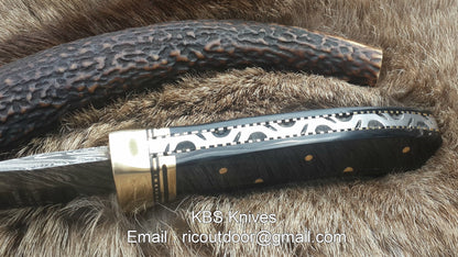 Custom Handmade 9-Inch Damascus Fixed-Blade Hunting Knife with Buffalo Horn Handle & Brass Guard | KBS Knives Store