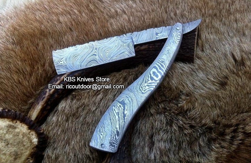 Premium Antique Razor with Damascus Steel Blade and Damascus Steel Scales Handle - Includes Leather Case - Available Exclusively at KBS Knives Store