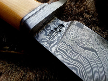 Custom Handmade Damascus Hunting Knife | Olivewood Handle with Damascus Guard | 12 Inches | Leather Sheath | KBS Knives