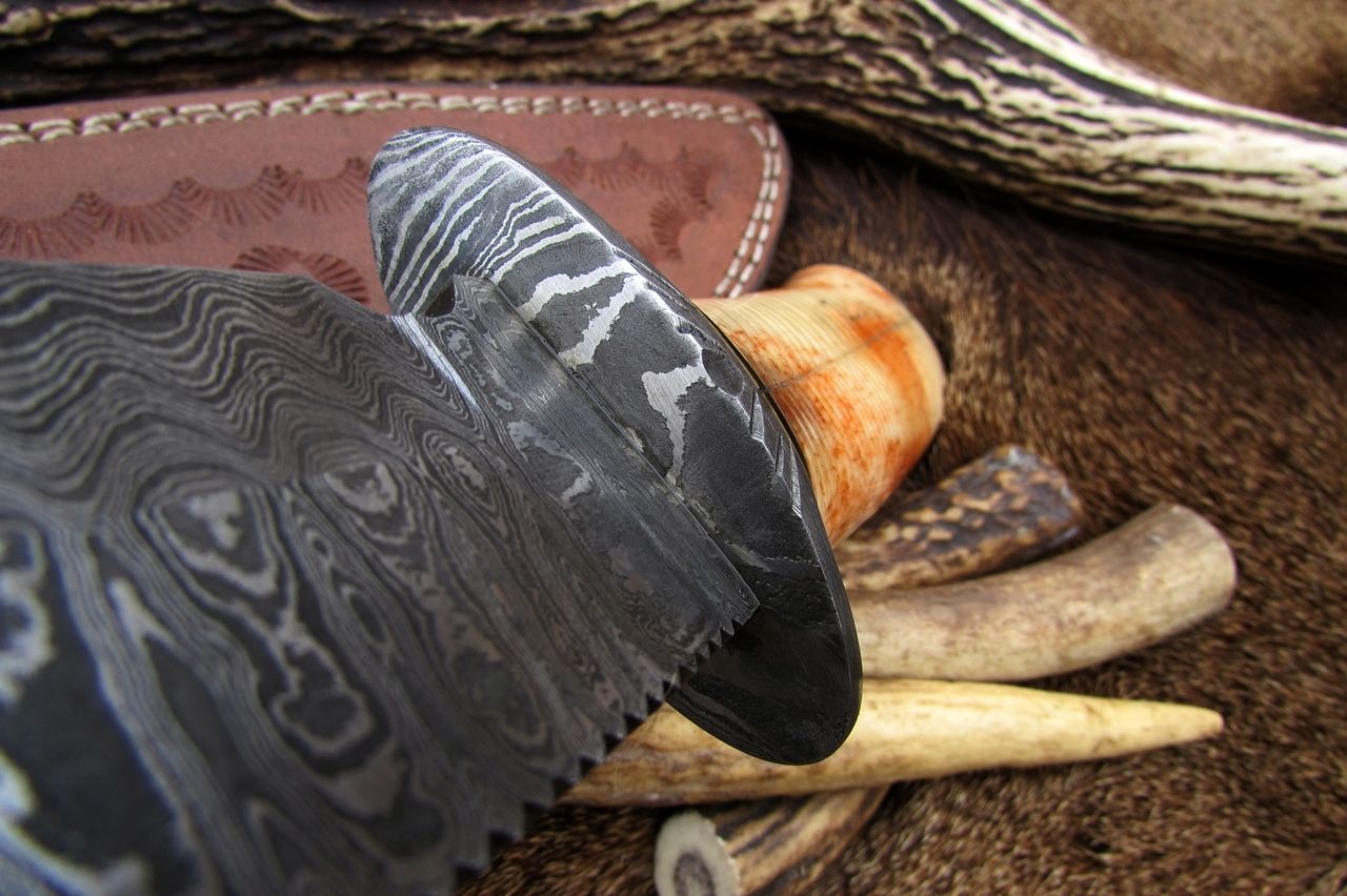 KBS Knives: Custom Handmade Damascus Hunting Knife | 12 Inches | Colored Camel Bone Handle