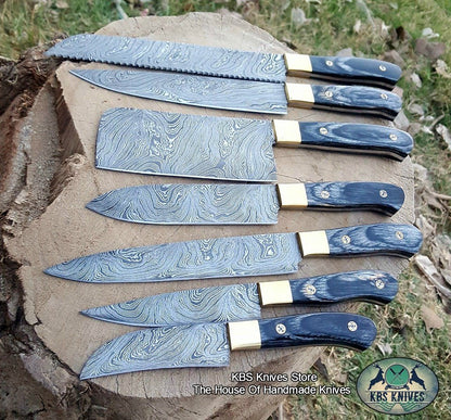 Full Tang Custom Handmade Damascus Steel Kitchen Knives Set