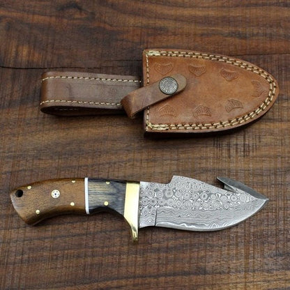 Full Tang Custom Handmade Damascus Steel Raindrop Guthook Skinning Knife