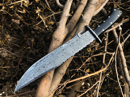 "Best Hunting Big Bowie Knife | Full Tang Raindrop Damascus Blade | Canvas Micarta & Damascus Guard Handle | 17 Inches | Leather Sheath | KBS Knives Store"