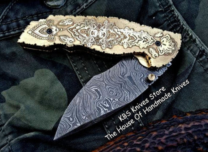 Custom Handmade Damascus Steel Folding Pocket Knife